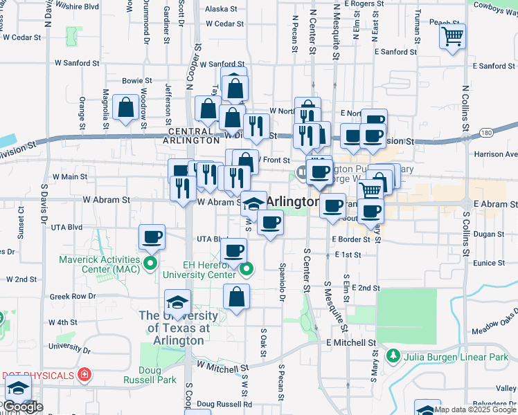 map of restaurants, bars, coffee shops, grocery stores, and more near in Arlington