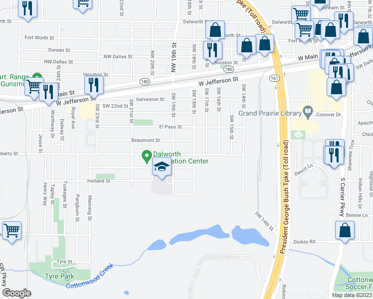 map of restaurants, bars, coffee shops, grocery stores, and more near 1814 W.E. Roberts Street in Grand Prairie