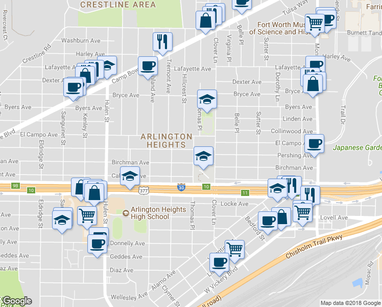 map of restaurants, bars, coffee shops, grocery stores, and more near 4130 Pershing Avenue in Fort Worth