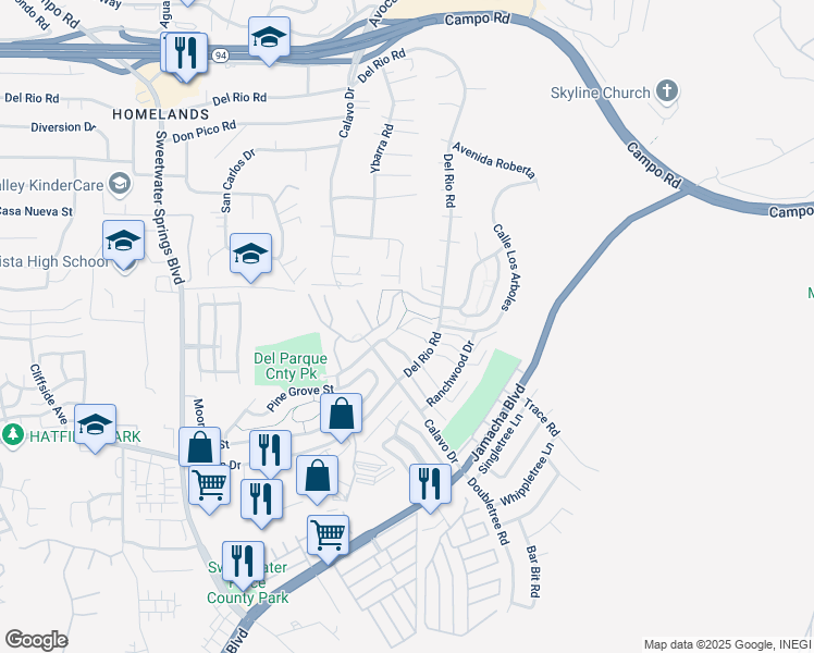 map of restaurants, bars, coffee shops, grocery stores, and more near 10723 Villa Bonita in Spring Valley
