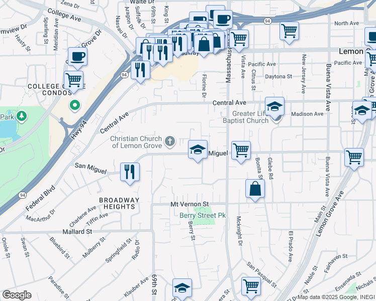 map of restaurants, bars, coffee shops, grocery stores, and more near 7042 San Miguel in Lemon Grove