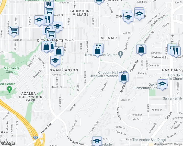 map of restaurants, bars, coffee shops, grocery stores, and more near 2877 47th Street in San Diego