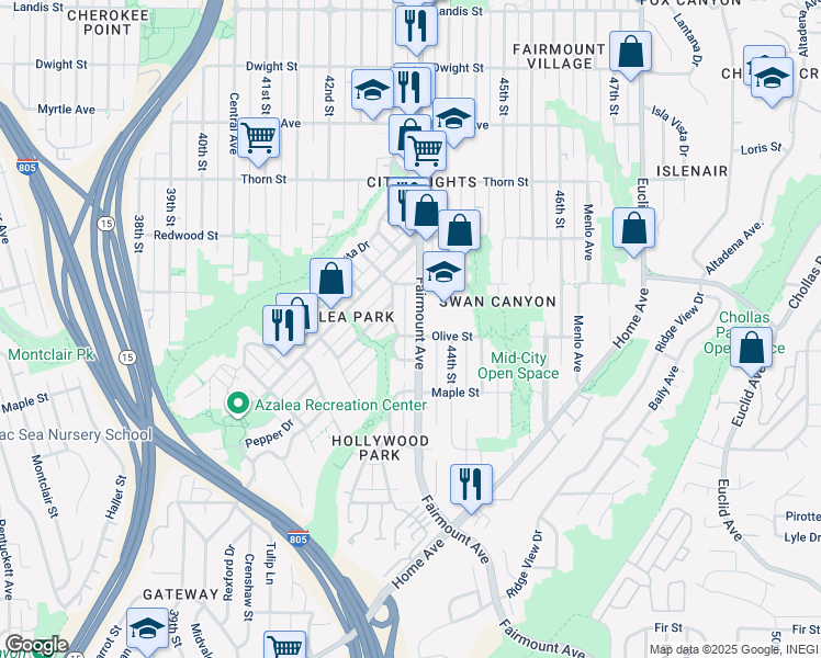 map of restaurants, bars, coffee shops, grocery stores, and more near 2843 Columbine Street in San Diego