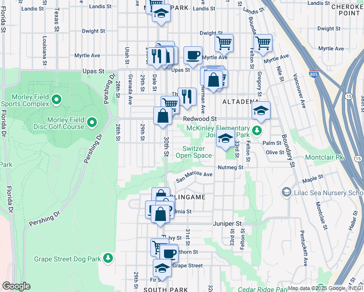 map of restaurants, bars, coffee shops, grocery stores, and more near 3096 Palm Street in San Diego