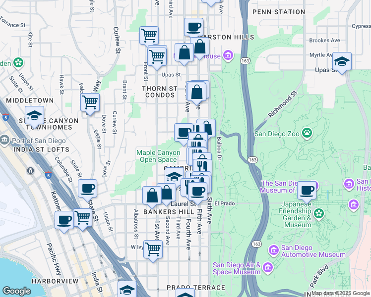 map of restaurants, bars, coffee shops, grocery stores, and more near 2910 Fourth Avenue in San Diego