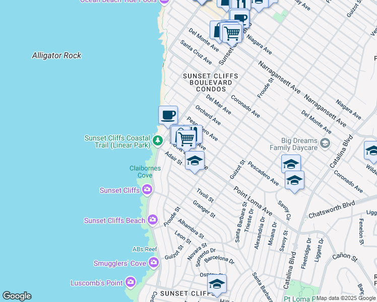 map of restaurants, bars, coffee shops, grocery stores, and more near 4736 Point Loma Avenue in San Diego