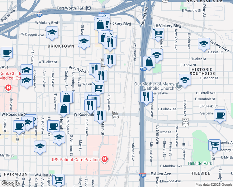 map of restaurants, bars, coffee shops, grocery stores, and more near 812 Crawford Street in Fort Worth