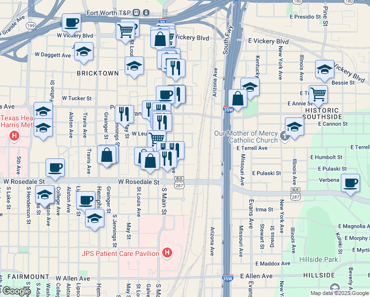map of restaurants, bars, coffee shops, grocery stores, and more near 812 Crawford Street in Fort Worth