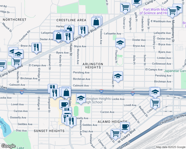 map of restaurants, bars, coffee shops, grocery stores, and more near in Fort Worth