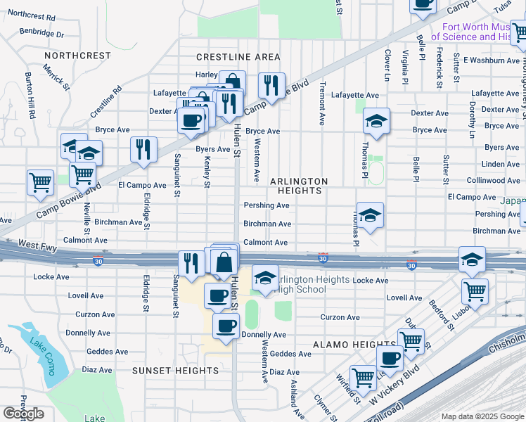 map of restaurants, bars, coffee shops, grocery stores, and more near 4500 Pershing Avenue in Fort Worth