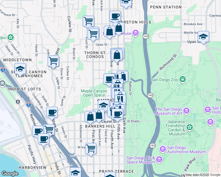 map of restaurants, bars, coffee shops, grocery stores, and more near 2910 Fourth Avenue in San Diego