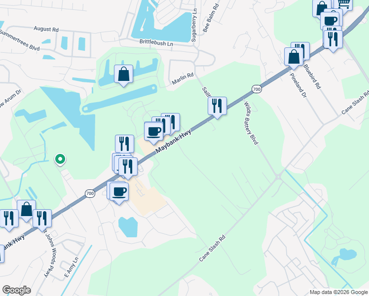map of restaurants, bars, coffee shops, grocery stores, and more near 3059 Maybank Highway in Johns Island