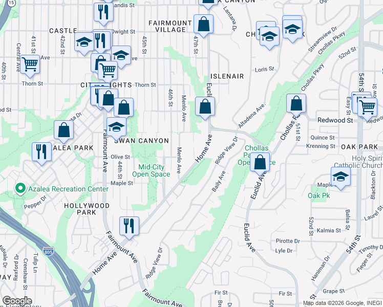 map of restaurants, bars, coffee shops, grocery stores, and more near 2872 47th Street in San Diego