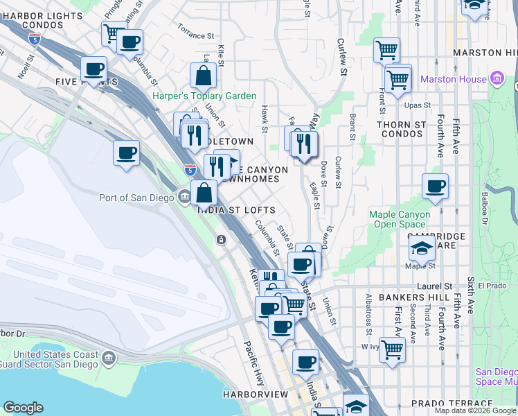 map of restaurants, bars, coffee shops, grocery stores, and more near 1109 West Quince Street in San Diego