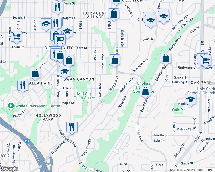 map of restaurants, bars, coffee shops, grocery stores, and more near 2861 47th Street in San Diego