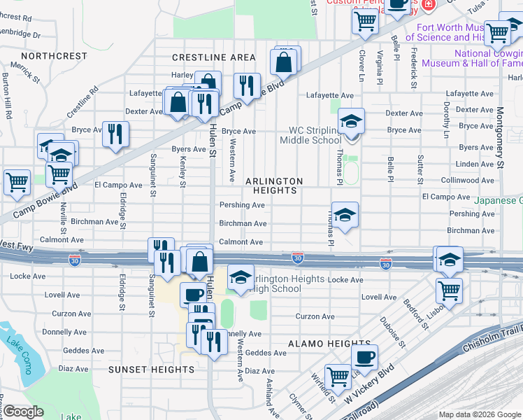 map of restaurants, bars, coffee shops, grocery stores, and more near 4411 Pershing Avenue in Fort Worth