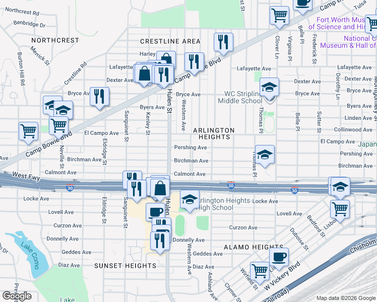 map of restaurants, bars, coffee shops, grocery stores, and more near 4500 Pershing Avenue in Fort Worth