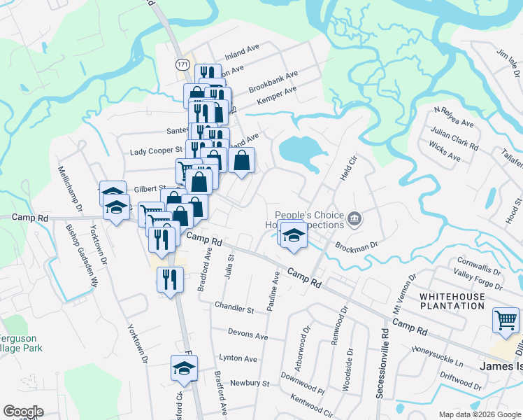 map of restaurants, bars, coffee shops, grocery stores, and more near 49 Meander Row in Charleston