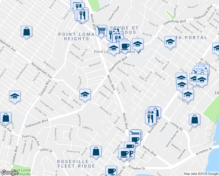 map of restaurants, bars, coffee shops, grocery stores, and more near 3614 Wawona Drive in San Diego