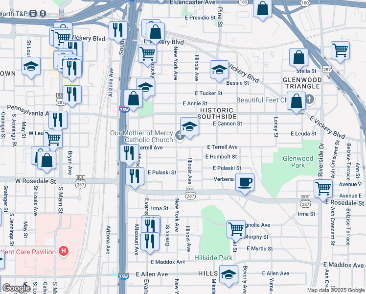 map of restaurants, bars, coffee shops, grocery stores, and more near East Terrell Avenue in Fort Worth
