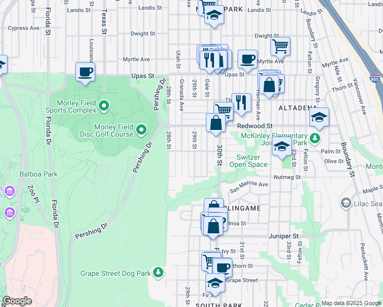 map of restaurants, bars, coffee shops, grocery stores, and more near 2846 29th Street in San Diego