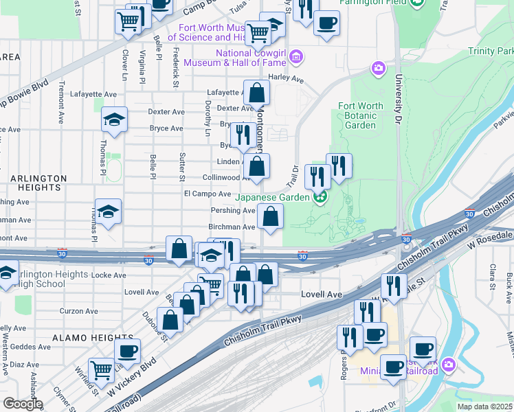 map of restaurants, bars, coffee shops, grocery stores, and more near 3621 El Campo Avenue in Fort Worth