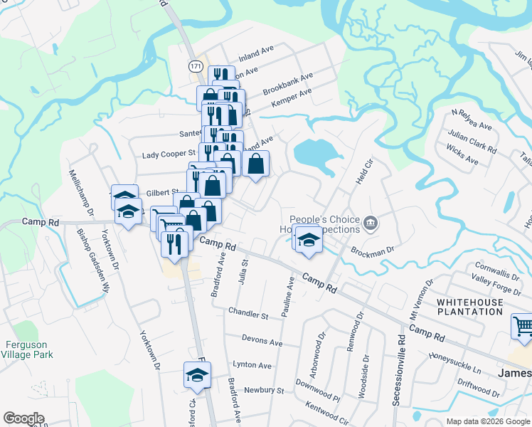 map of restaurants, bars, coffee shops, grocery stores, and more near 30A Rivers Point Row in Charleston