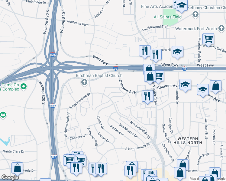 map of restaurants, bars, coffee shops, grocery stores, and more near 8900 La Palma Drive in Fort Worth