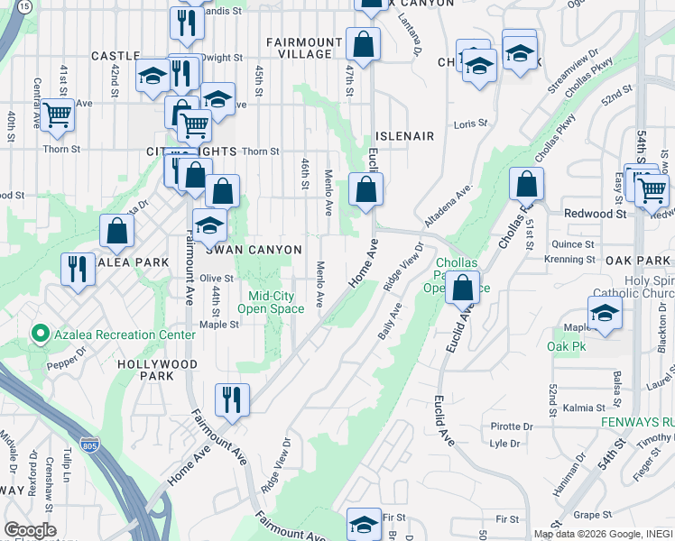 map of restaurants, bars, coffee shops, grocery stores, and more near 2885 Menlo Avenue in San Diego
