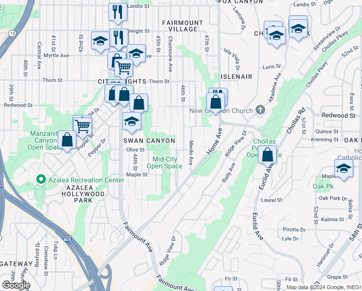 map of restaurants, bars, coffee shops, grocery stores, and more near 2907 46th Street in San Diego