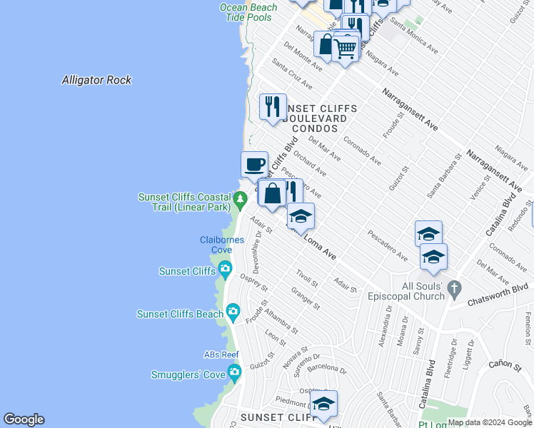 map of restaurants, bars, coffee shops, grocery stores, and more near 4736 Point Loma Avenue in San Diego