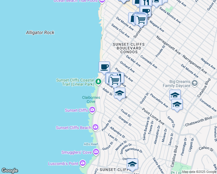 map of restaurants, bars, coffee shops, grocery stores, and more near 4736 Point Loma Avenue in San Diego