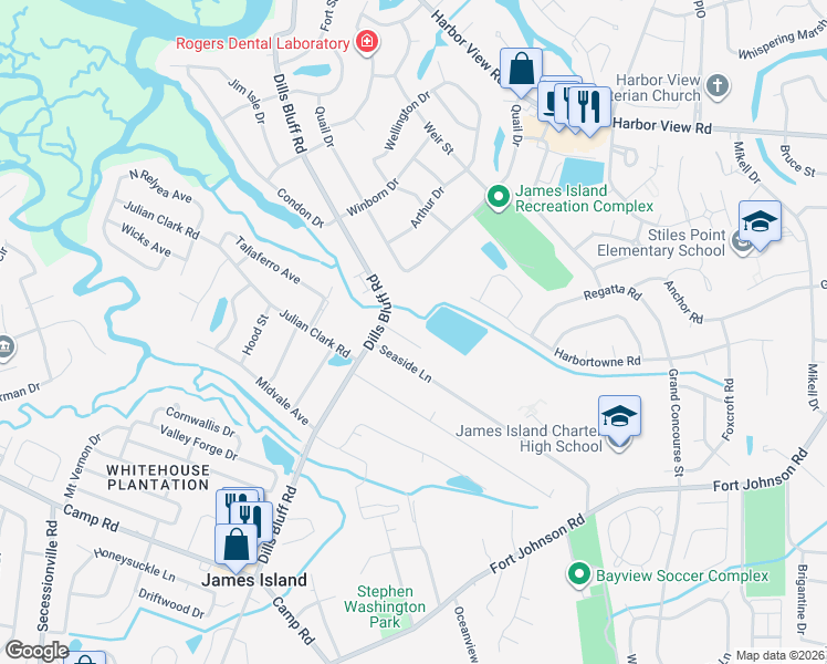 map of restaurants, bars, coffee shops, grocery stores, and more near 1152 Sigsbee Road in Charleston