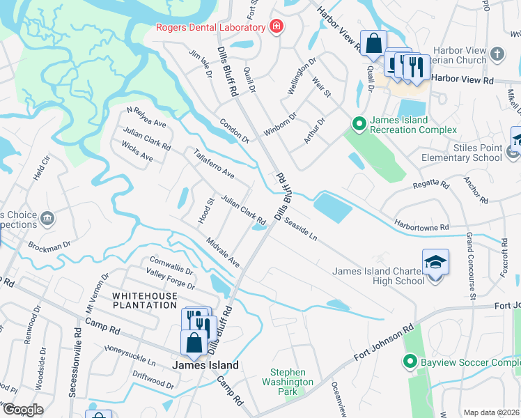 map of restaurants, bars, coffee shops, grocery stores, and more near 1190 Julian Clark Road in Charleston