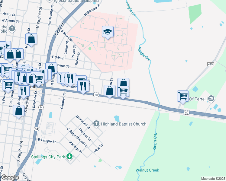 map of restaurants, bars, coffee shops, grocery stores, and more near 202 North Burch Street in Terrell