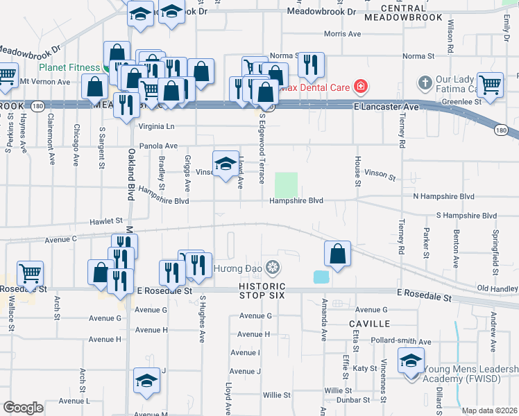 map of restaurants, bars, coffee shops, grocery stores, and more near 724 North Edgewood Terrace in Fort Worth