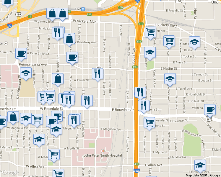 map of restaurants, bars, coffee shops, grocery stores, and more near 812 Crawford Street in Fort Worth