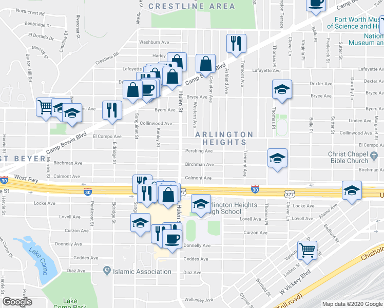 map of restaurants, bars, coffee shops, grocery stores, and more near 4500 Pershing Avenue in Fort Worth