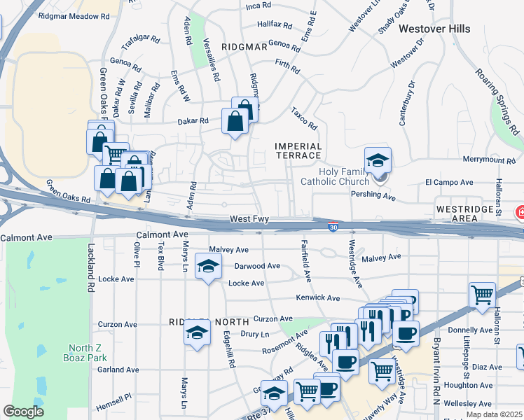 map of restaurants, bars, coffee shops, grocery stores, and more near 2525 Ridgmar Boulevard in Fort Worth