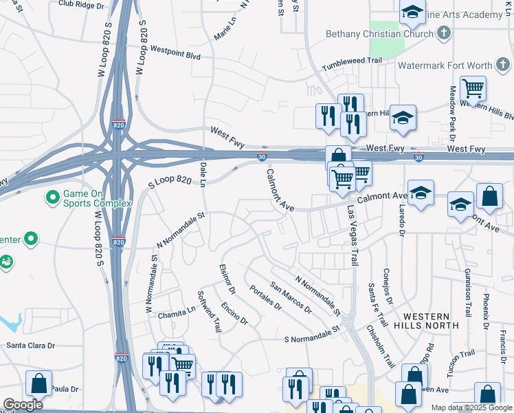 map of restaurants, bars, coffee shops, grocery stores, and more near 8920 Branchwood Trail in Fort Worth