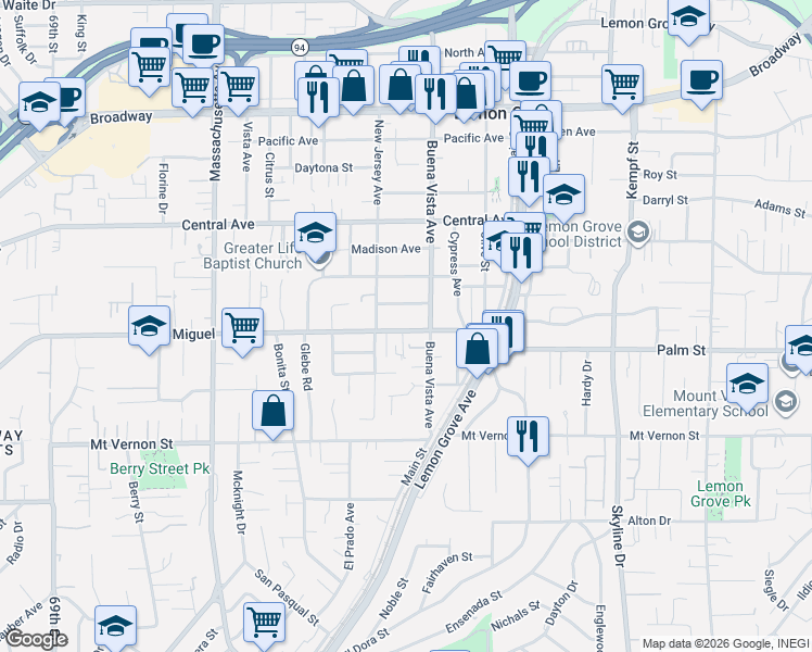 map of restaurants, bars, coffee shops, grocery stores, and more near 7556 San Miguel in Lemon Grove