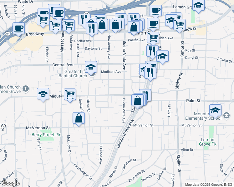 map of restaurants, bars, coffee shops, grocery stores, and more near 7556 San Miguel in Lemon Grove