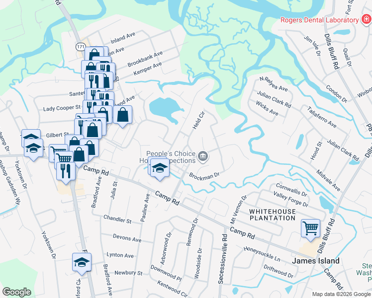 map of restaurants, bars, coffee shops, grocery stores, and more near 36 Maplecrest Drive in Charleston