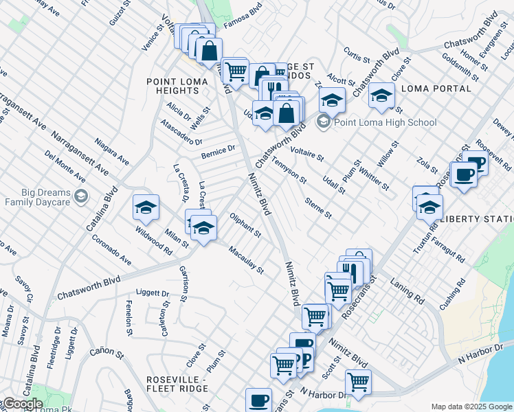 map of restaurants, bars, coffee shops, grocery stores, and more near 3614 Wawona Drive in San Diego