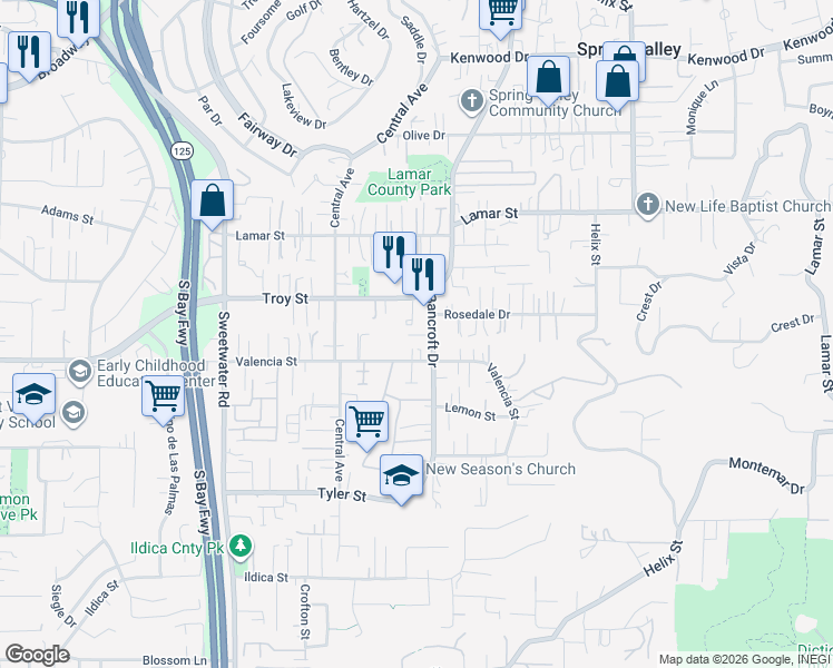 map of restaurants, bars, coffee shops, grocery stores, and more near 8939 Troy Street in Spring Valley