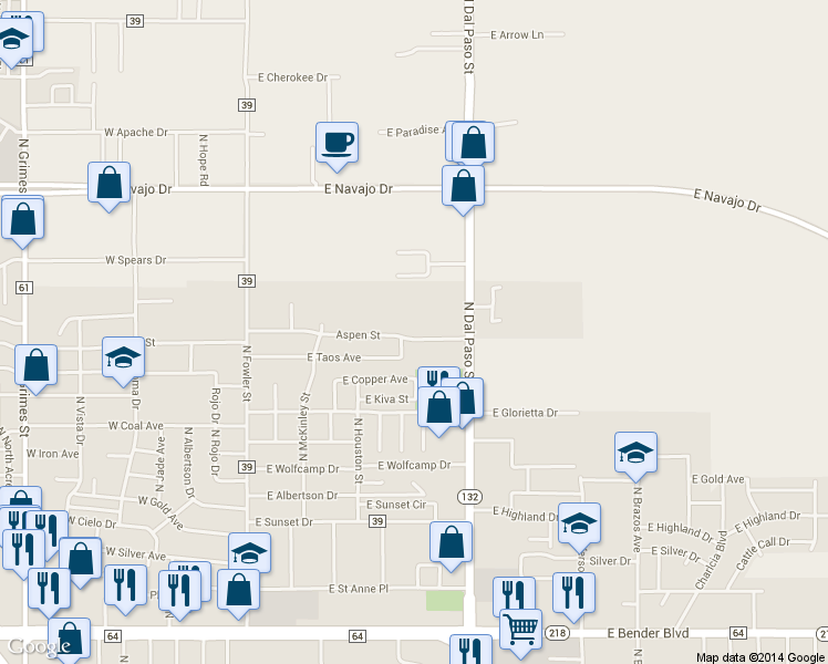 map of restaurants, bars, coffee shops, grocery stores, and more near 702 Aspen Street in Hobbs