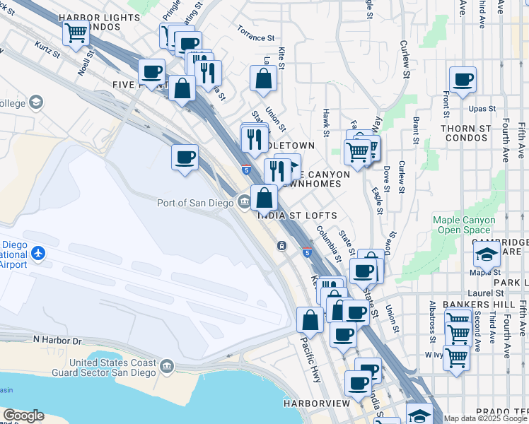 map of restaurants, bars, coffee shops, grocery stores, and more near 3153 India Street in San Diego