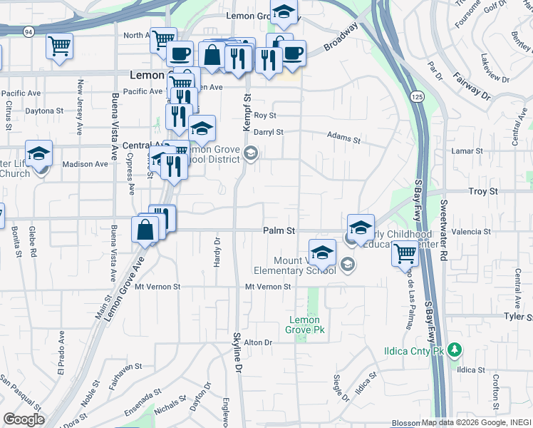 map of restaurants, bars, coffee shops, grocery stores, and more near 8053 Longdale Drive in Lemon Grove