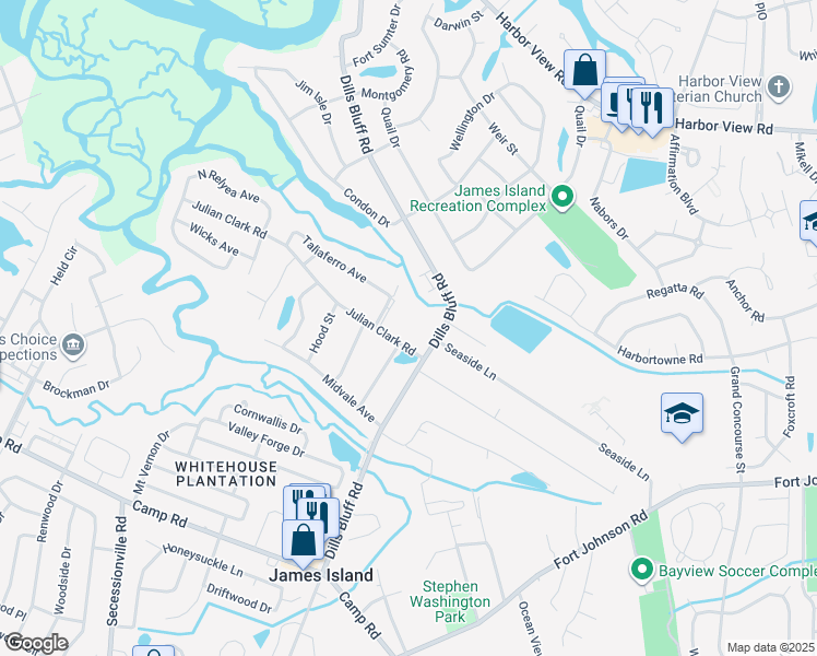 map of restaurants, bars, coffee shops, grocery stores, and more near 1190 Julian Clark Road in Charleston
