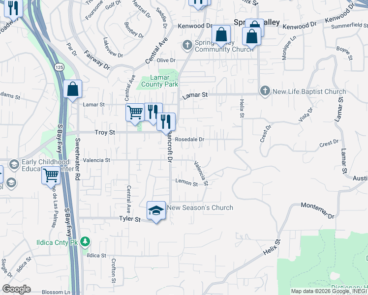 map of restaurants, bars, coffee shops, grocery stores, and more near 2821-25 Rosedale Court in Spring Valley